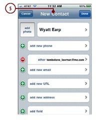 Use the New Contact screen to enter more contact information and save the new contact.
