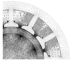 Enlarged view of the electromagnetic mesh of the three-phase, 1-hp BLDC motor.