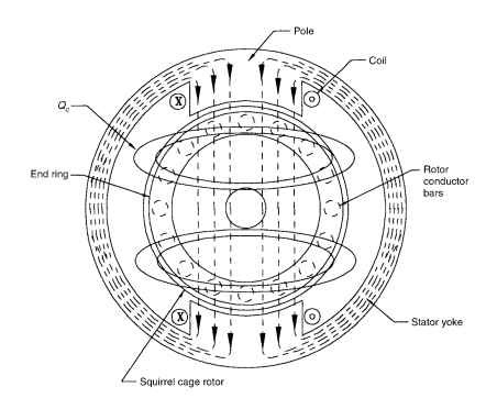 Single-phase motor with cross-field flux (main pole). Single-phase motor with cross-field flux (main pole).