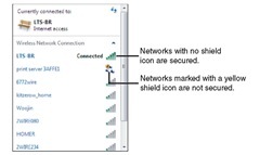 The yellow icon clearly identifies wireless networks that are not secure.