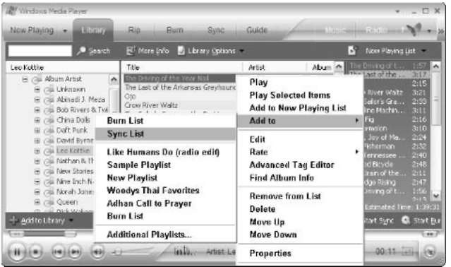 Right-click tracks and add them to your Sync List.