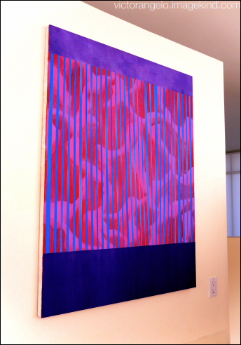 Victor Angelo cellular installation view epic painting series optical illusion pink blue stripes opart fine arts striped painting contemporary modern art