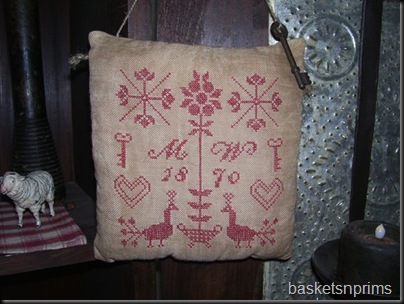 Closeup of Mehitable Wright hanging sampler
