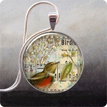 Songbird and music collage pendant