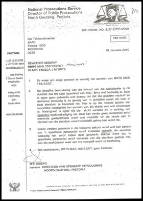 Britz Engela NPS letter admitting damage to her confiscated goods by SAPS but refusing to prosecute
