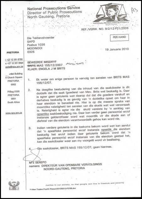 Britz Engela NPS letter admitting damage to her confiscated goods by SAPS but refusing to prosecute