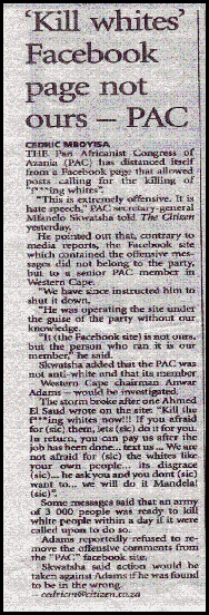 Kill whites Facebook page not ours claims PAC Feb262010 Citizen