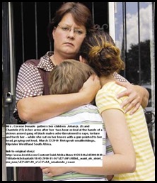 Benade Mrs Corene hugs kids Johan 9 and Chantele 15 March232010 SmalloldingRietspruitAttack