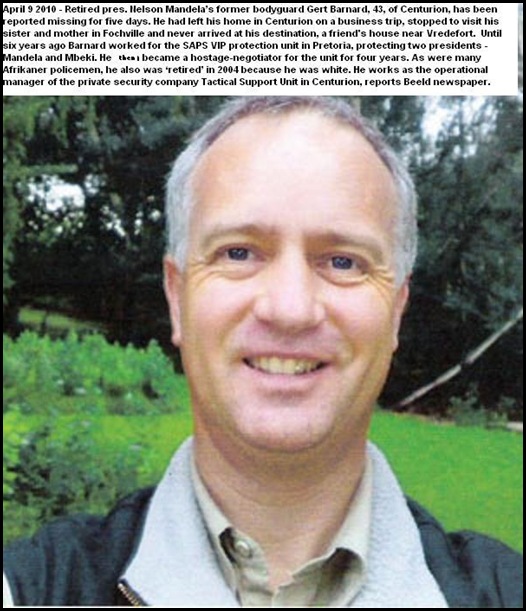 Barnard Gert ex body guard Nelson Mandela missing NW province Vredefort