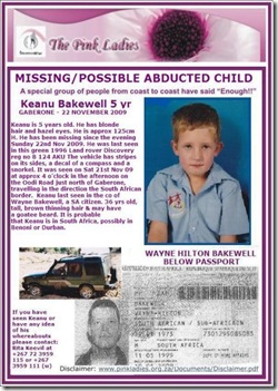 Bakewell Keanu 5, missing, Gaborone Botswana possibly abducted by dad Wayne SA citizen 22Nov2009