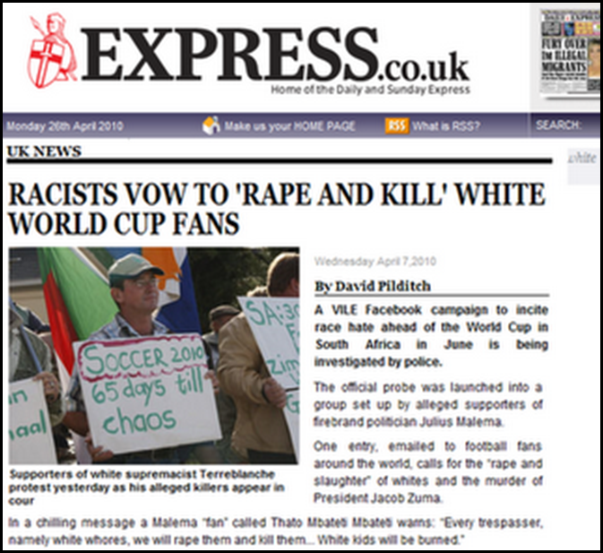 Black Racists vow to rape and kill white WC2010 fans David Pilditch article UK Black Racists vow to rape and kill white WC2010 fans David Pilditch article UK