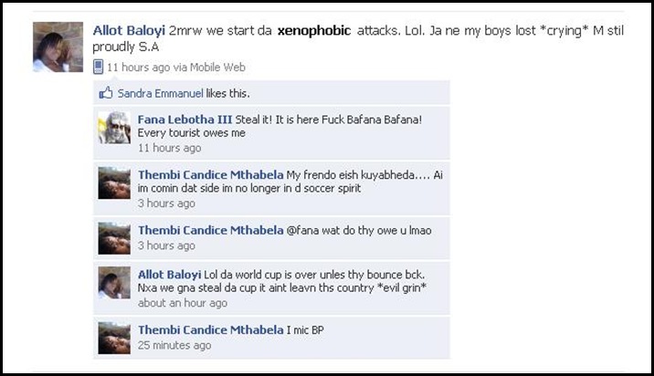 Baloyi 

Allot June172010 Tomorrow We start Xenophobic attacks Facebook