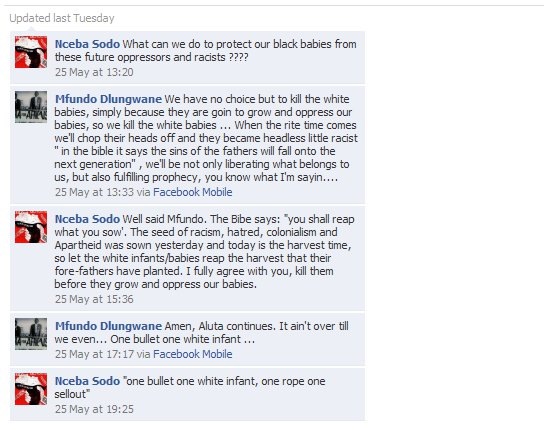 [Sodo Nceba One Bullet One White Infant hatespeech FacebookMay252010 at 19_25[12].jpg]