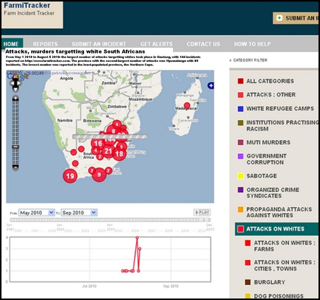 Attacks against whites SA May 2010 to Aug 9 2010