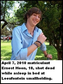 Hoon Ernst 19 shot dead in beed Leeufontein sallholding Pretoria 7 April 2010