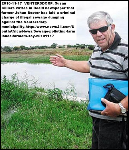 WATER POLLUTION FARMER JOHAN BESTER SCHOONSPRUIT VENTERSDORP SEWAGE ON FARMS