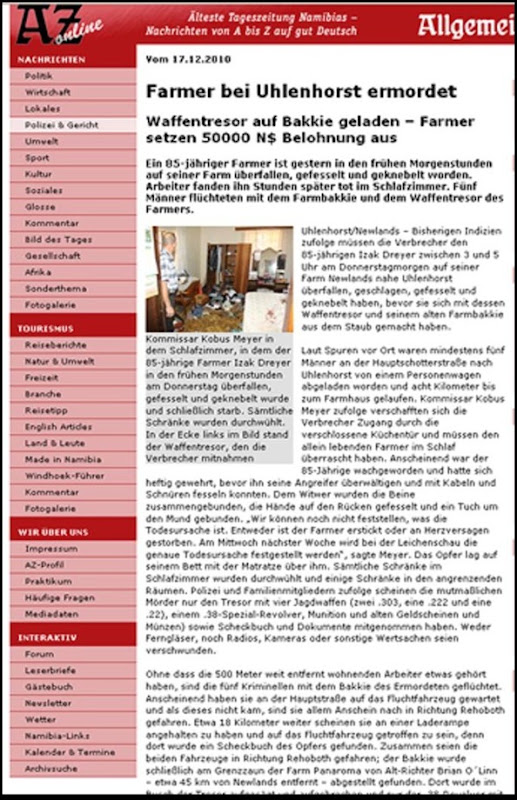 DREYER IZAK 85 NAMIBIA FARMER MURDERED DEC162010 GERMAN REPORT