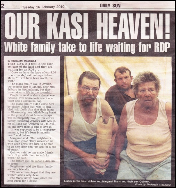 Afrikaner poor dumped in black townships _ some are friendly_others not