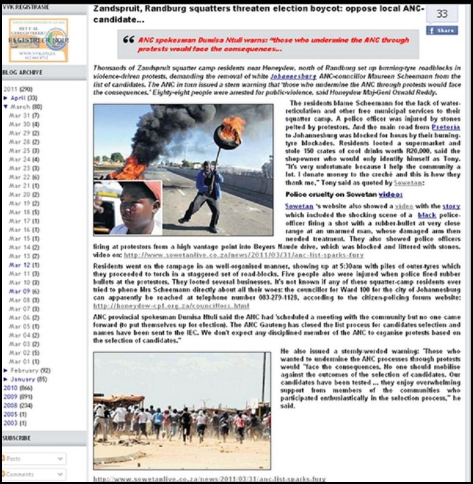 Zandspruit RANDBURG riiots March302011 CAUSED BY THIRD FORCE SAYS SCHEENMAN