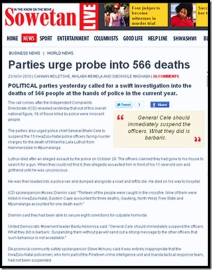 SAPS 566 PEOPLE KILLED IN POLICE CUSTODY IN 2010 Sowetan