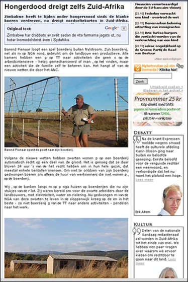 FAMINE THREATENS SA SWEDISH REPORT BAREND PIENAAR FARMER NYLSTROOM