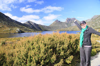 Kristy at Dove lake, with Cradle mountain in the background