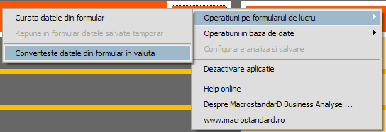 Meniul pentru operatiuni pe formularul de lucru