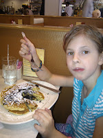 Emma has oreo pancakes for breakfast before departing wiht uncle Stephen. Emma has oreo pancakes for breakfast before departing wiht uncle Stephen.
