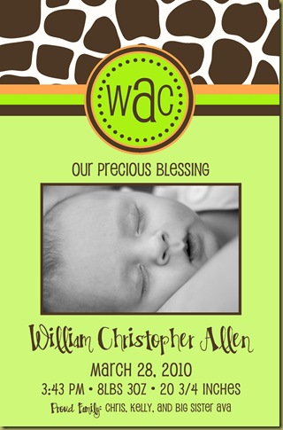 Green Giraffe Print Birth Announcement