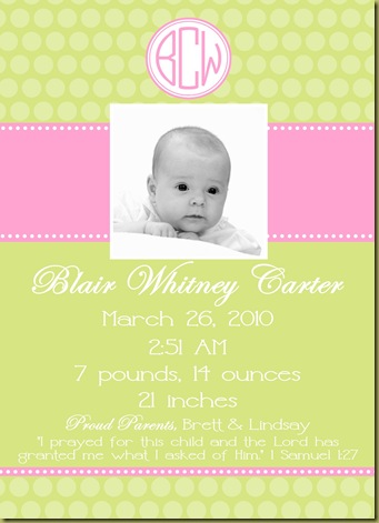 Pink Green Birth Announcement