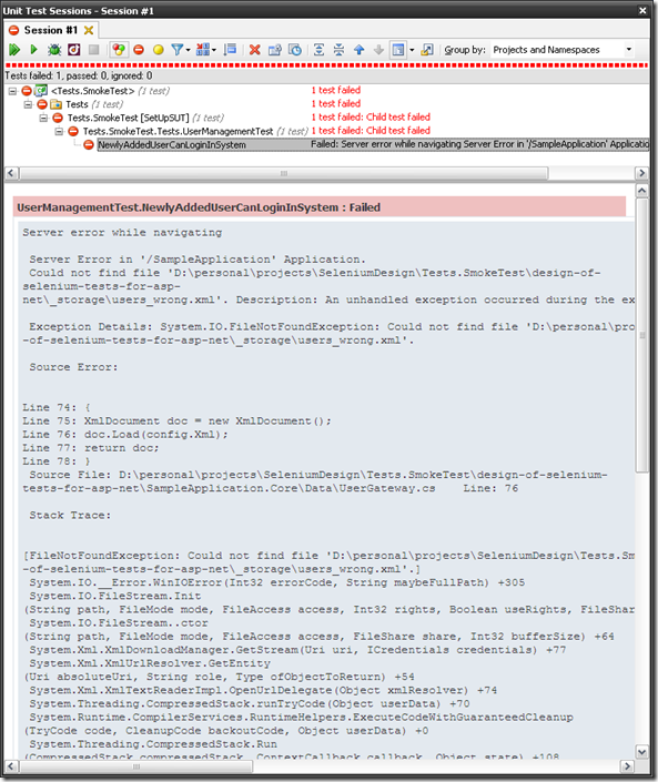 Selenium test failed and shows ASP.NET error message