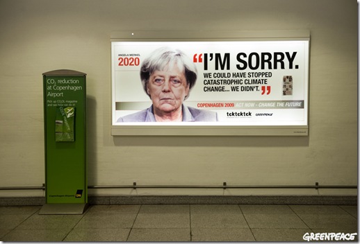 30 Nov 2009, Adverts with heads of state placed all over Copenhagen International Airport by the global coalition, tcktcktck.org and Greenpeace calling on world leaders to secure a fair, ambitious and binding deal at the Copenhagen Climate Summit. This ad depicts Chancellor of Germany Angela  Merkel. © Greenpeace/Christian slund