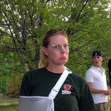 Stephanie bandaged up in costume before a game.