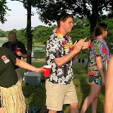 Scott dressed up for Hawaiian kickball day.
