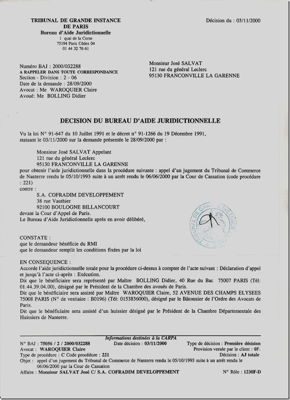 RAPPORT DE MAÎTRE Marc BARONI: Décision prononcée le 03 Novembre 2000 par  le bureau aide juridictionnelle du Tribunal de Grande Instance de PARIS