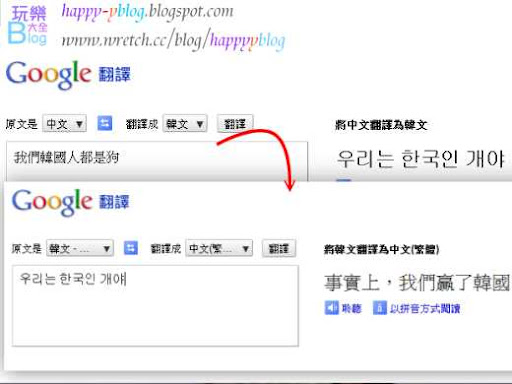 Google首頁非常簡約,其實變不出什麼花樣,不過卻在自家的翻譯服務上,同樣地默默表達了心意,只要到Google翻譯中,選擇中文翻譯成韓文,輸入「我們韓國人都是狗」,然後把翻譯出來的韓文,再翻譯回成正體中文,就會發現到「事實上,我們贏了韓國」。