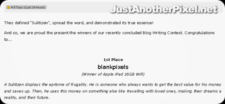 The announcement - I won FIRST PLACE - an Apple iPad 16GB WiFi from Sulit.com.ph! - JustAnotherPixel.net