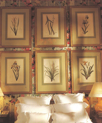 I love the way Moss layers these 6 framed prints by Pierre-Joseph Redouté on top of a floral-patterned wall covering.