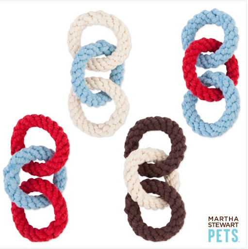 These three-ring rope toys (for small dogs) also come in two-ring versions, for larger breeds.