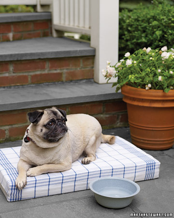 This is a dog bed made from striped kitchen towels. (Martha Stewart Living)