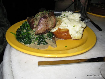 Filet Mignon with Crispy Ginger Spinach, Onion Rings, and Rosemary Mashed Potatoes | Taste As You Go