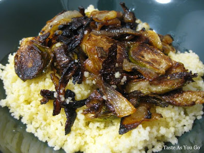 Roasted Brussels Sprouts and Caramelized Onions over Couscous - Photo by Taste As You Go