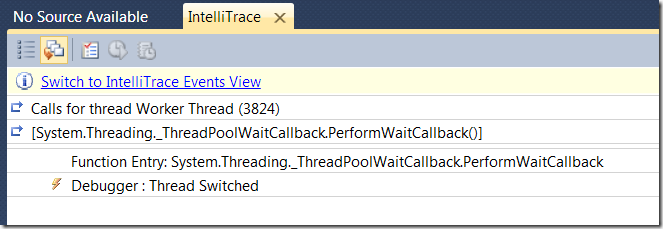 Скриншот: стэк вызовов для данного события залогированного IntelliTrace для ASP.Net Mvc приложения