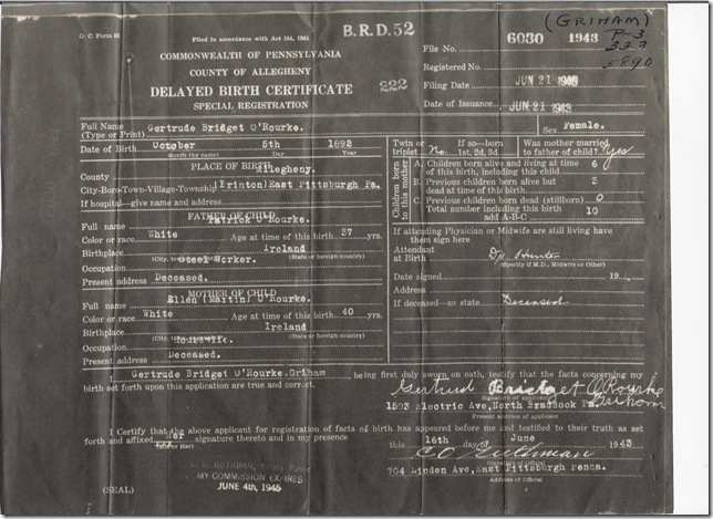 Gertrude B O'Rourke delayed birth cert 1943