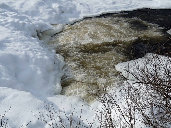 water churning at the base of a frozen waterfalls.