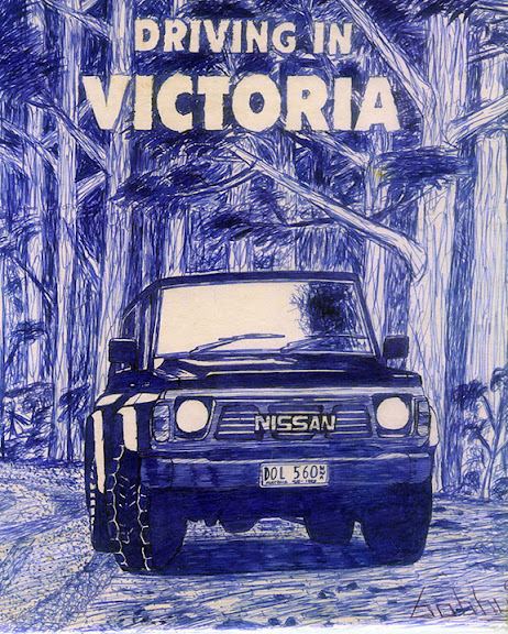 Victoria nsw australia blue ink pen lineart with nissan petrol 4x4 Victoria nsw australia blue ink pen lineart with nissan petrol 4x4