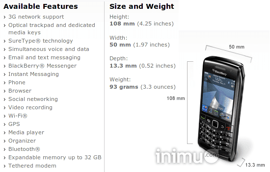 Spesifikasi Blackberry Pearl 3G 9100 Series