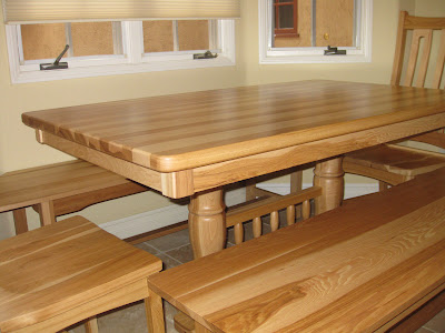 60 x 36 Riverside Dining Table and Matching Benches, Runic Dining Chairs, Hickory Hardwood, Natural Finish