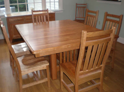 60 x 36 Mission Dining Table & Trestle Chairs, Oak Hardwood, Medium Finish