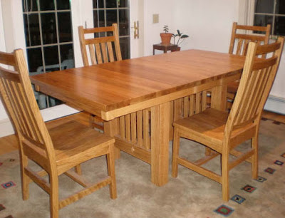 60 x 36 Mission Dining Table & Trestle Chairs, Oak Hardwood, Medium Finish